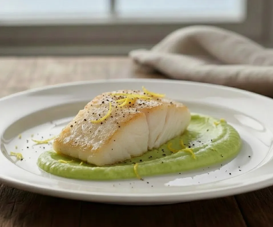 Bacalhau confitado em azeite com puré de ervilhas e hortelã