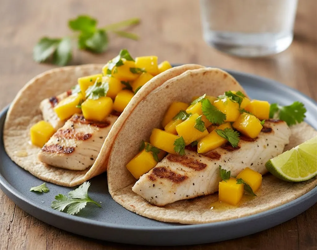 Tacos de peixe grelhado com manga, lima e coentros