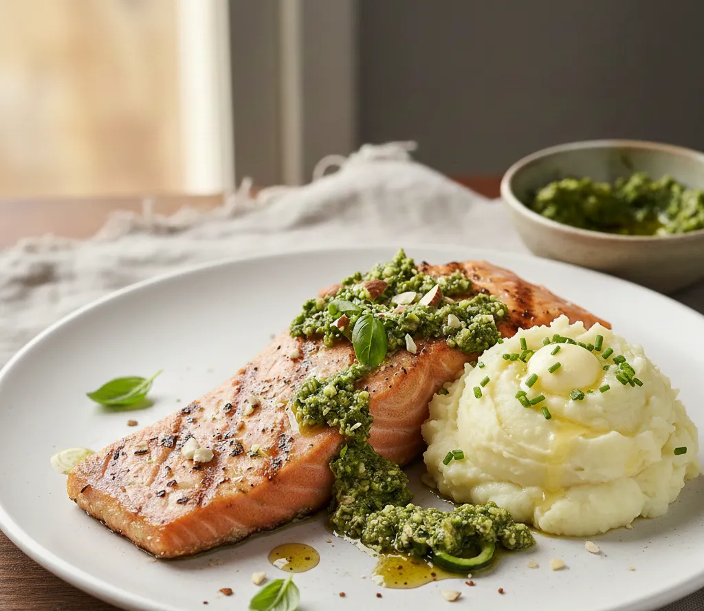 Salmão grelhado com pesto de cascas de curgete e amêndoa