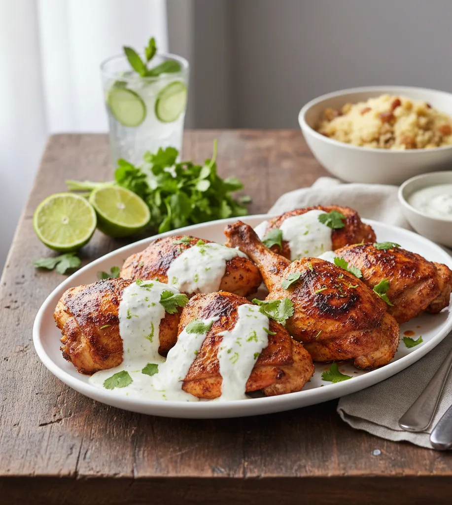 Frango assado com pasta harissa e iogurte de coco